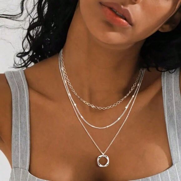 925 Sterling Silver Triple Layer Chain Pendant Necklace Set Classic Adjustable - Picture 3 of 5